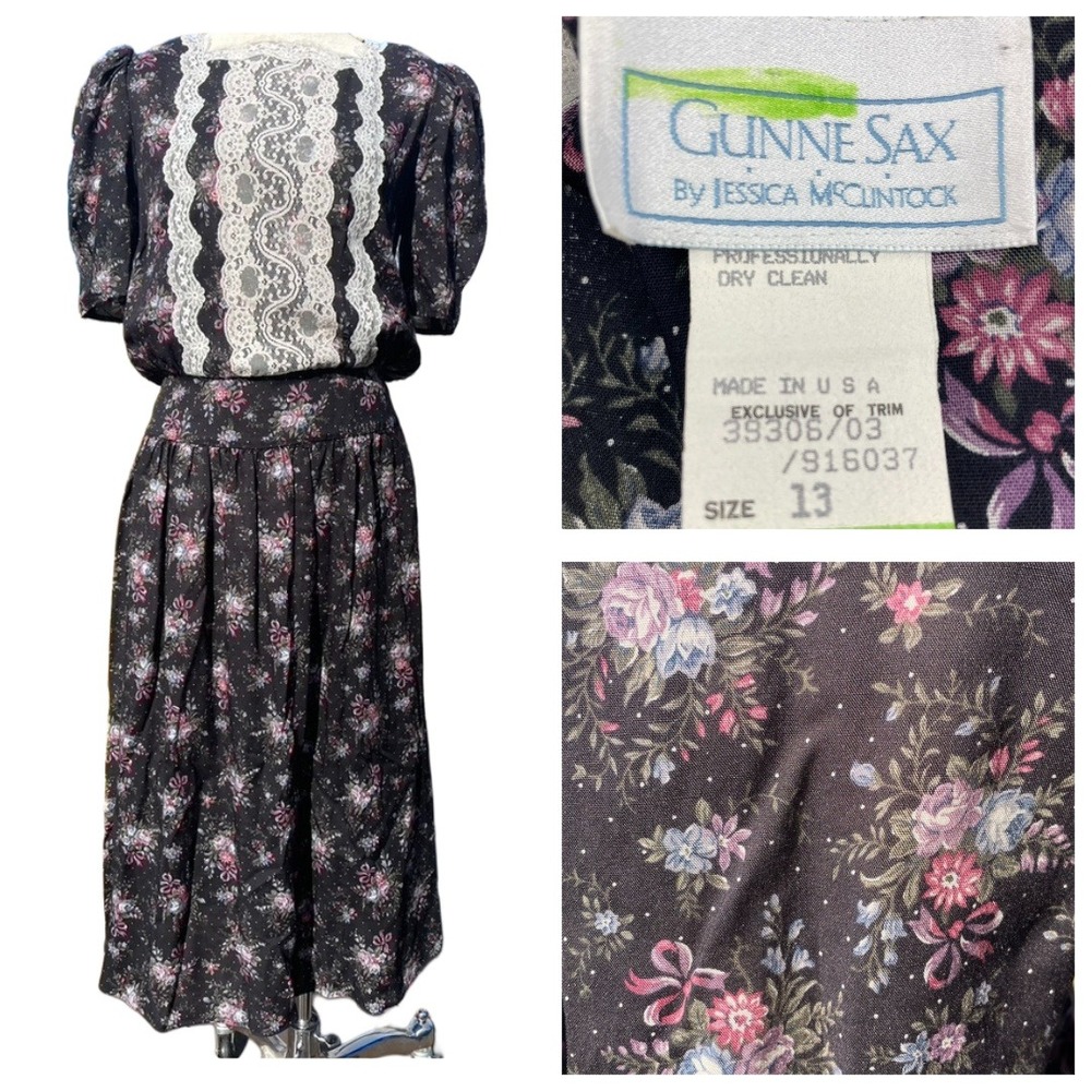 Vintage GUNNE SAX (13) Dress Black Floral Puff Sleeve Cottage Lace Trad Whimsi